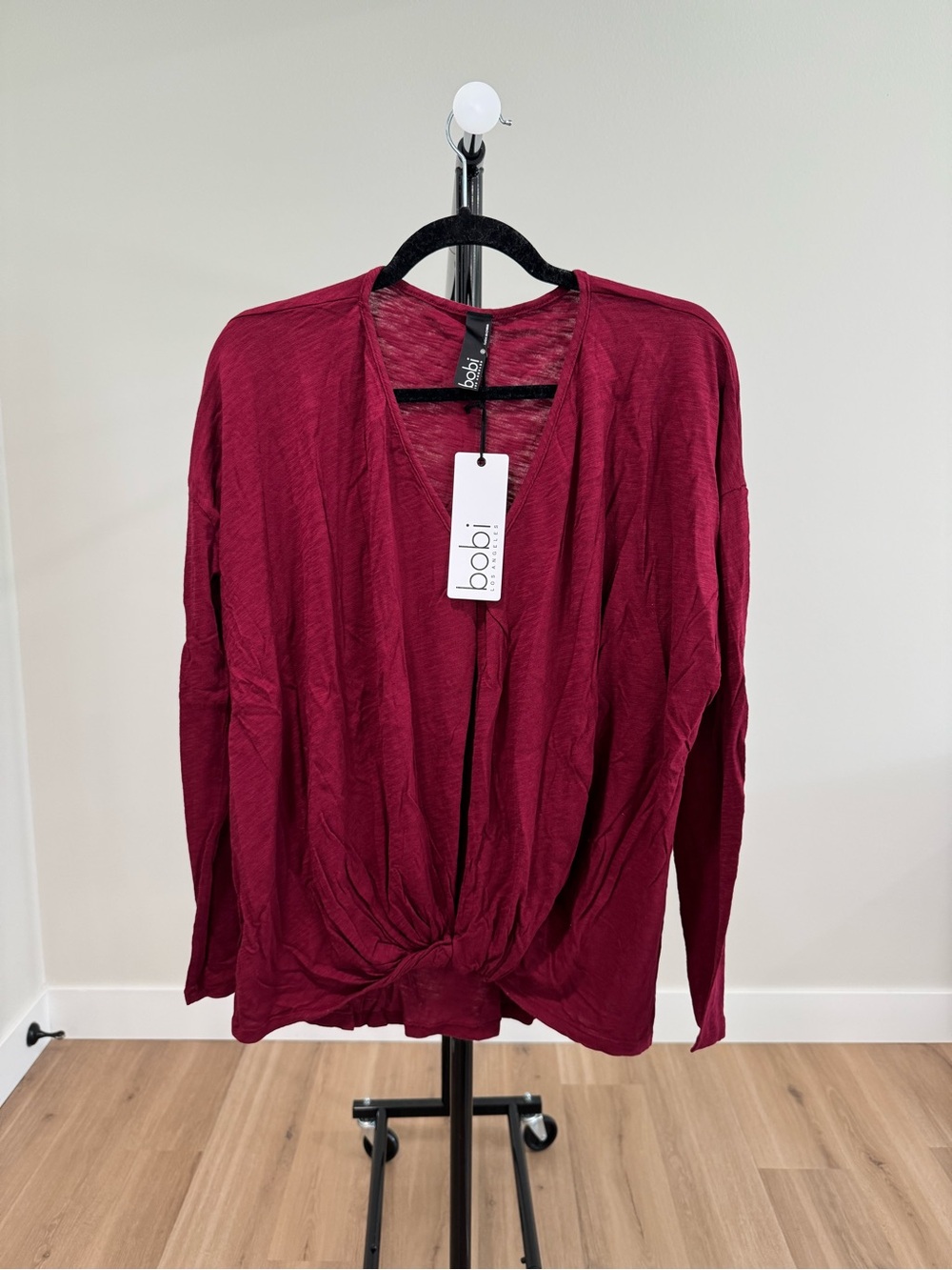 NWT bobi Los Angeles Knot Front V-Neck Long Sleeve Top, Pinot